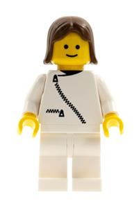 Male in Jacket with Zipper - Minifigure with a white jacket with zipper, white legs, and brown female hair - zip033