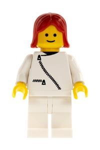 Female in Jacket with Zipper - Female minifigure with red hair, white legs, and a white jacket with a zipper - zip034
