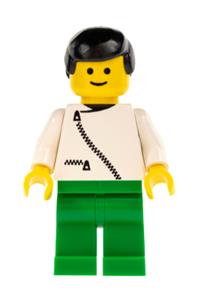 Male in Jacket with Zipper - Minifigure with white jacket with zipper, green legs, and black male hair - zip035