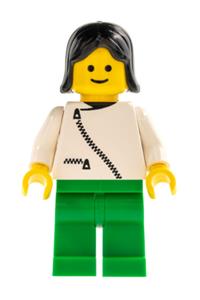 Male in Jacket with Zipper - Minifigure with white jacket with zipper, green legs, and black female hair - zip036