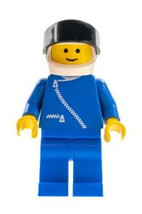 Nigel Mansell Minifigure - Nigel Mansell race car driver wearing a blue jacket with zipper, blue legs, white helmet, and black visor - zip039