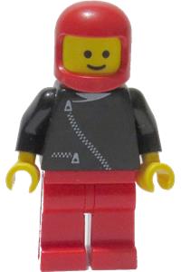 Male with Helmet and Jacket - Minifigure wearing a black jacket with zipper, red legs, and a red classic helmet - zip041