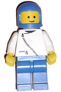 Male with Helmet and Jacket - Minifigure wearing a white jacket with zipper, blue legs, and a blue classic helmet - zip042