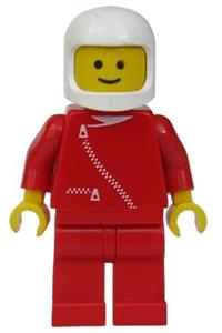 Race Car Driver Minifigure - Minifigure wearing a red jacket with zipper, red legs, and a white classic helmet - zip045