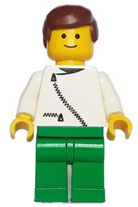 Male in Jacket with Zipper - Minifigure with a white jacket with zipper, green legs, and brown male hair - zip046